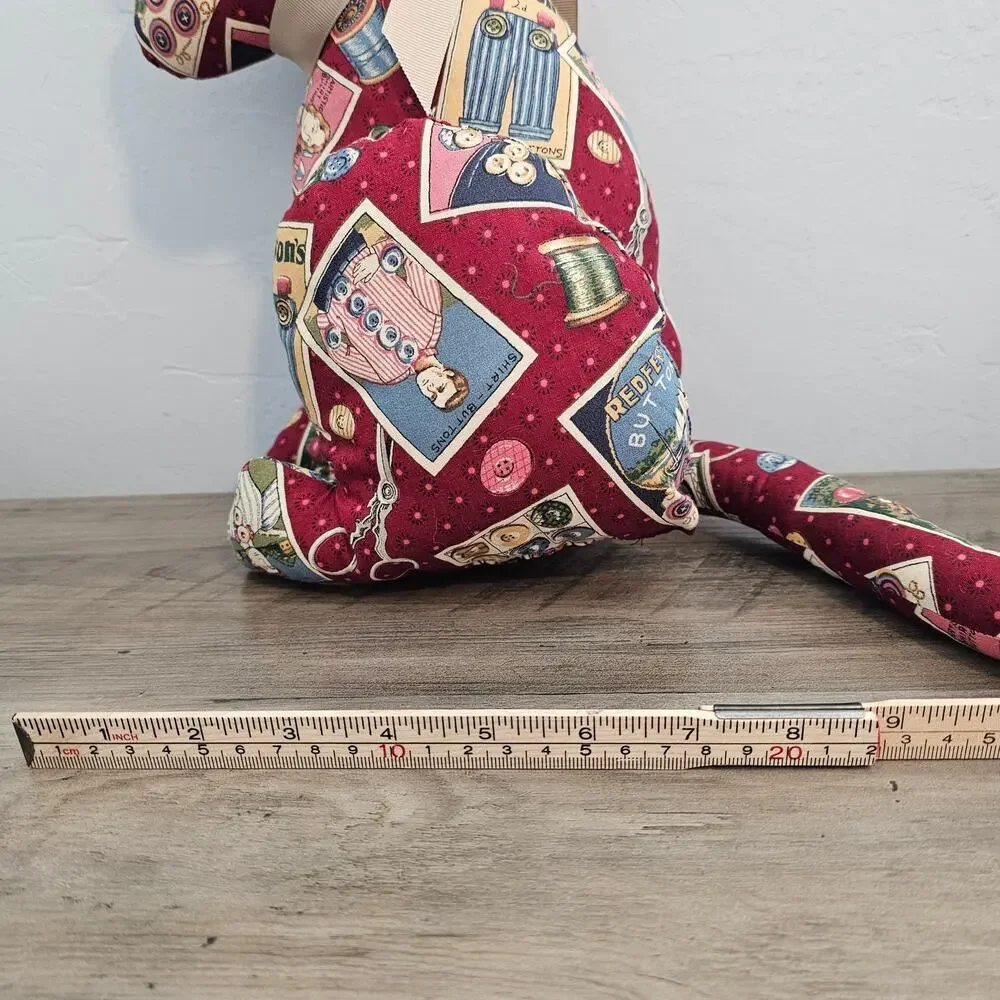 Vintage Handmade Cat Plush Red Patchwork Shelf Sitter Sewing Cottage Kitty Cats
